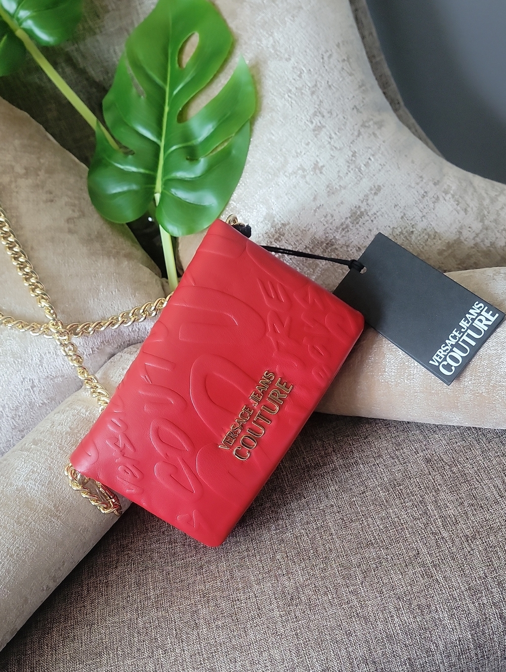 Versace Red Crossbody Bag w/Gold Chain Leather